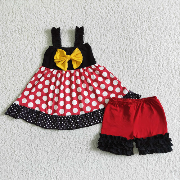 Cartoon Yellow Bow Polka Dots Girls Shorts Sets