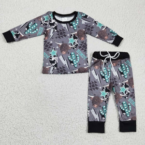 Promotional Howdy Yak Cactus Cow Print Gray Boys Long Sleeve Pajamas