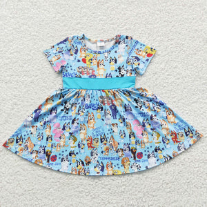Cartoon Dogs Sky Blue Girls Short Sleeve Dress