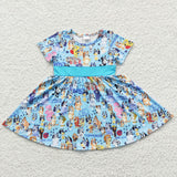 Cartoon Dogs Sky Blue Girls Short Sleeve Dress
