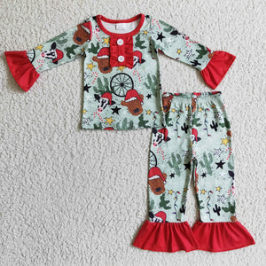Yak Cow Cactus Green Red Girls Christmas Pajamas