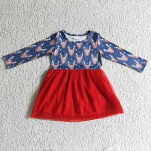 Reindeer Red Gauze Navy Girls Christmas Dress