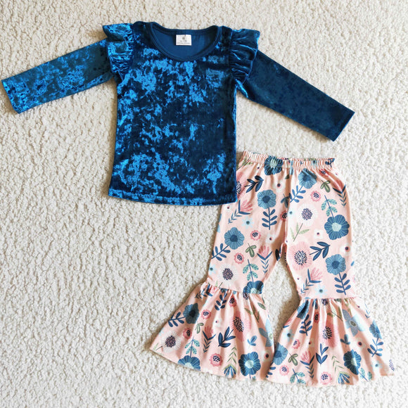 Solid Blue Velvet Floral Girls Long Sleeve+Trousers Sets