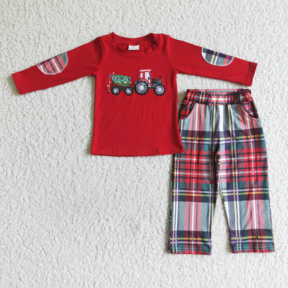 Tractor Tree Embroidery Red Plaid Boys Christmas Outfits