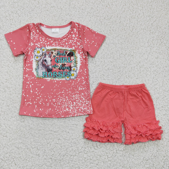 Love Horses Letters Coral Red Girls Shorts Sets