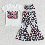 Promotional Food Letters Cow Print White Girls Short Sleeve+Trousers Sets