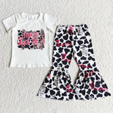 Promotional Food Letters Cow Print White Girls Short Sleeve+Trousers Sets