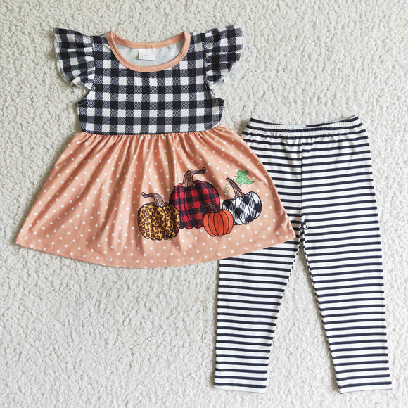 Pumpkin Plaid Black Stripe Legging Girls Short Sleeve+Trousers Sets