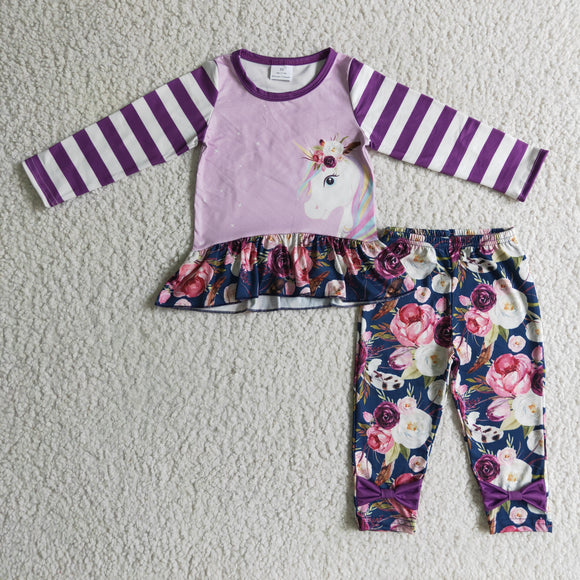 Cartoon Unicorn Floral Purple Legging Girls Long Sleeve+Trousers Sets