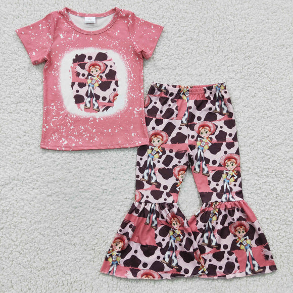 Cartoon Cowgirl Cow Print Pink Girls Short Sleeve+Trousers Sets
