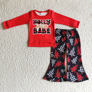 Promotional Babe Letters Trees Red Black Girls Christmas Outfits