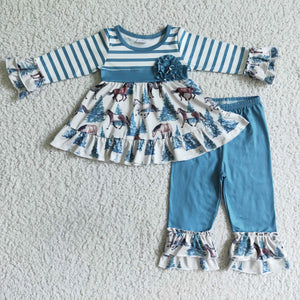 Horses Tree Blue Stripes Girls Long Sleeve+Trousers Sets