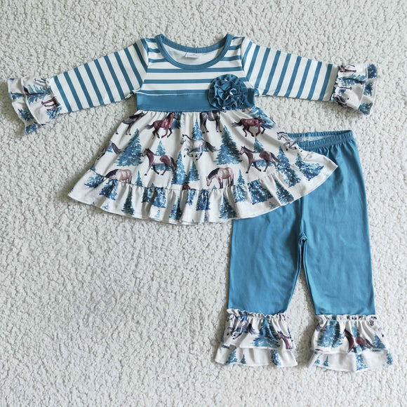 Horses Tree Blue Stripes Girls Long Sleeve+Trousers Sets