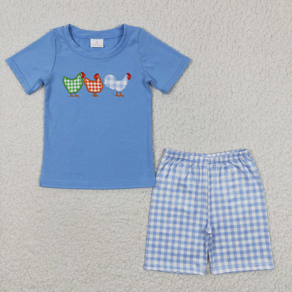 Plaid Chicken Sky Blue Boys Shorts Sets