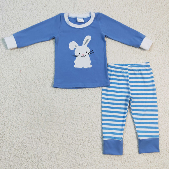 Promotional Bunny Embroidery Blue Stripes Boys Easter Pajamas