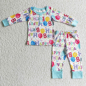 Happy Birthday Balloon Blue Boys Long Sleeve Pajamas