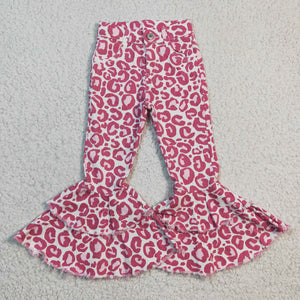 Leopard Print Pink Flared Girls Jeans Pants