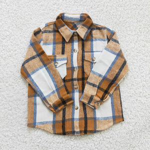 Pockets Brown White Plaid Shirt Boys Long Sleeve Top