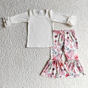 Pumpkin Solid White Pink Girls Long Sleeve+Trousers Sets