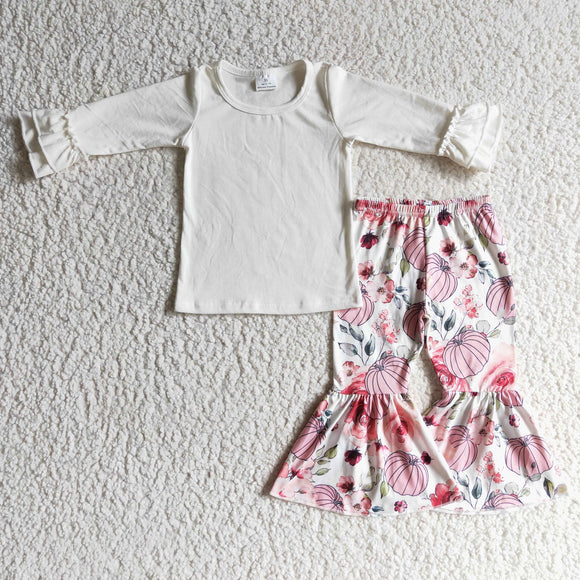 Pumpkin Solid White Pink Girls Long Sleeve+Trousers Sets