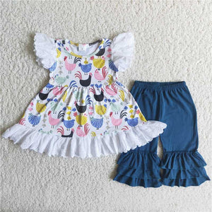 Promotional Chicken Lace Navy Girls Short Sleeve+Trousers Sets