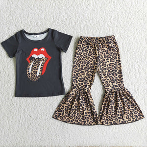 Promotional Black Leopard Print Girls Short Sleeve+Trousers Sets