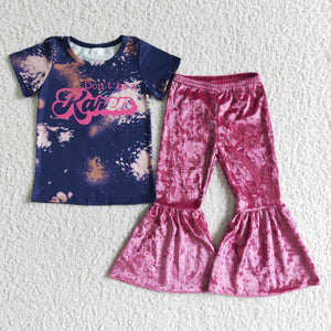 Promotional Navy Hot Pink Velvet Girls Short Sleeve+Trousers Sets