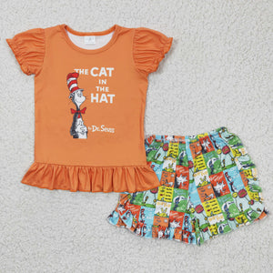 Promotional Cartoon Cats Reading Orange Girls Shorts Sets