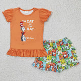 Promotional Cartoon Cats Reading Orange Girls Shorts Sets