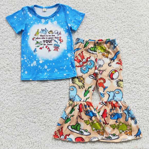 Cartoon Blue Beige Girls Short Sleeve+Trousers Sets