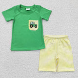 Promotional Tractor Pocket Green Yellow Plaid Boys Shorts Sets