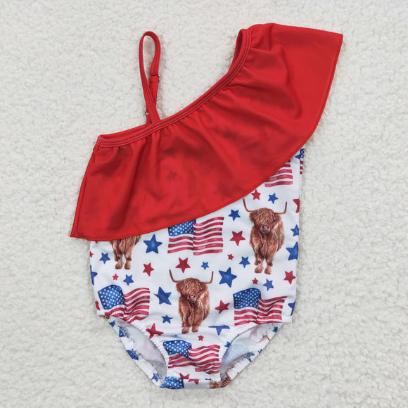 Highland Cow Stars Red Ruffles Girls 4th of July Swimsuits