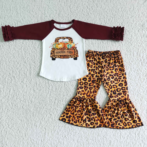Promotional Pumpkin Farm Leopard Print Red Girls Long Sleeve+Trousers Sets