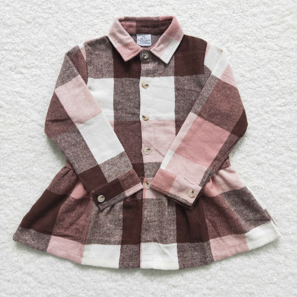 Pink Brown Plaid Dress Shirt Girls Long Sleeve Top