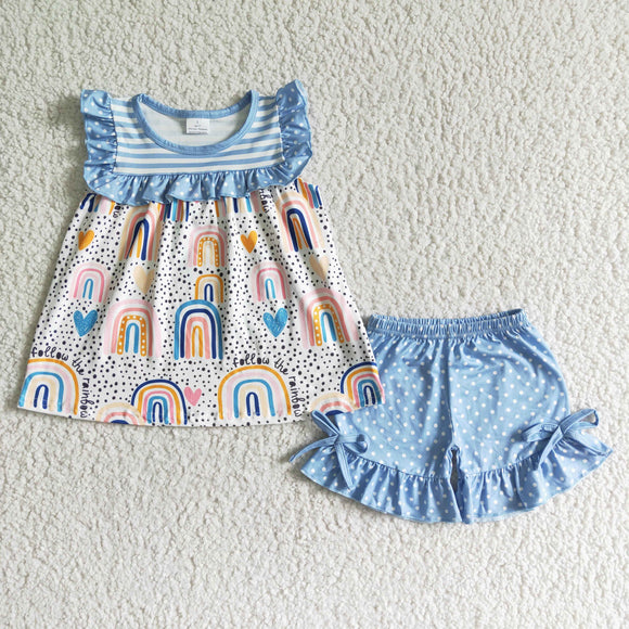 Promotional Rainbow Sky Blue Girls Shorts Sets