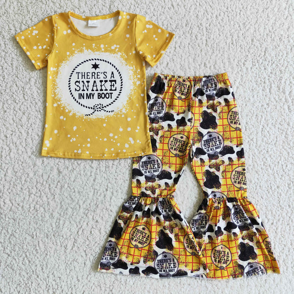 snake Letters Cow Print Yellow Girls Short Sleeve+Trousers Sets