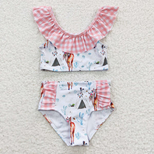 Horse Floral Orange Plaid Girls Swimsuits
