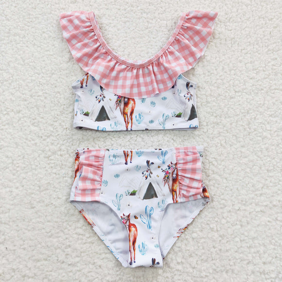 Horse Floral Orange Plaid Girls Swimsuits
