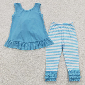 Stripe Solid Ruffles Blue Girls Short Sleeve+Trousers Sets