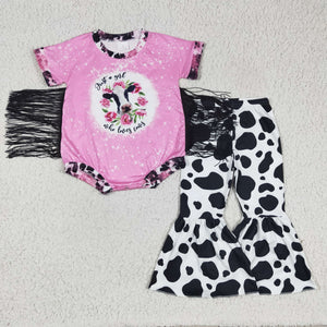 3-6M to 5-6T Floral Cow Print Pink Summer Romper Girls Short Sleeve+Trousers Sets