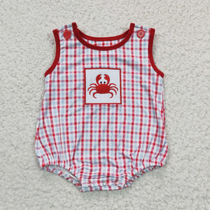 Crab Embroidery Plaid Red Boys Summer Romper