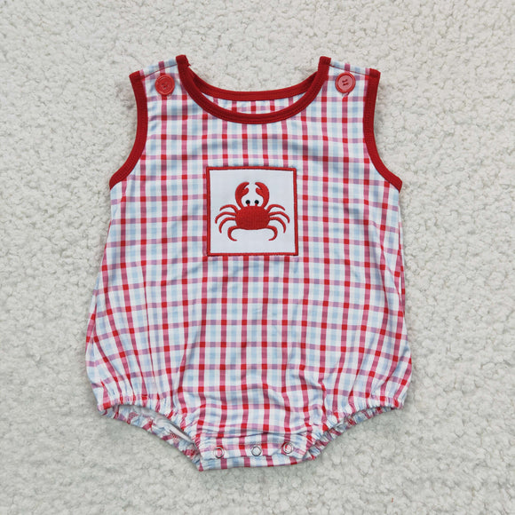 Crab Embroidery Plaid Red Boys Summer Romper