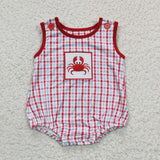 Crab Embroidery Plaid Red Boys Summer Romper