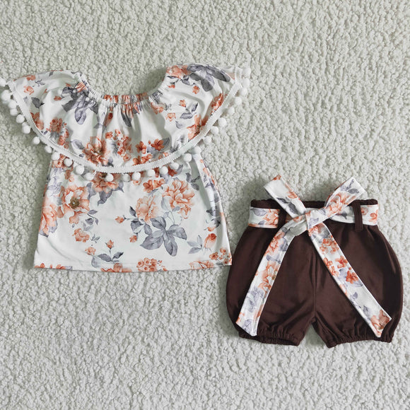 Promotional Floral Belt Pompom Brown Girls Shorts Sets