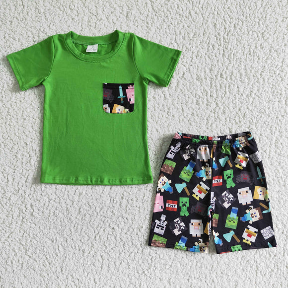 Games Pocket Green Black Boys Shorts Sets