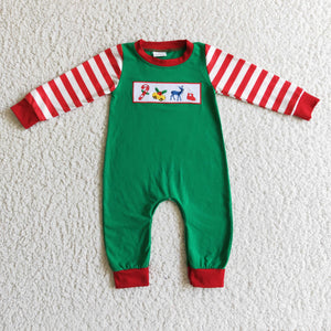 Reindeer Bell Embroidery Red Stripe Green Girls Christmas Romper
