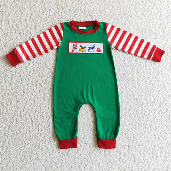 Reindeer Bell Embroidery Red Stripe Green Girls Christmas Romper