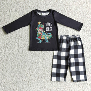 Dinosaur Plaid Black Boys Christmas Outfits