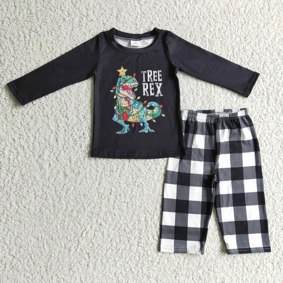 Dinosaur Plaid Black Boys Christmas Outfits