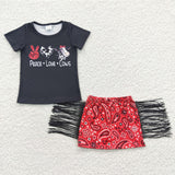 Promotional Peace Love Cows Black Tassels Girls Skirt Sets